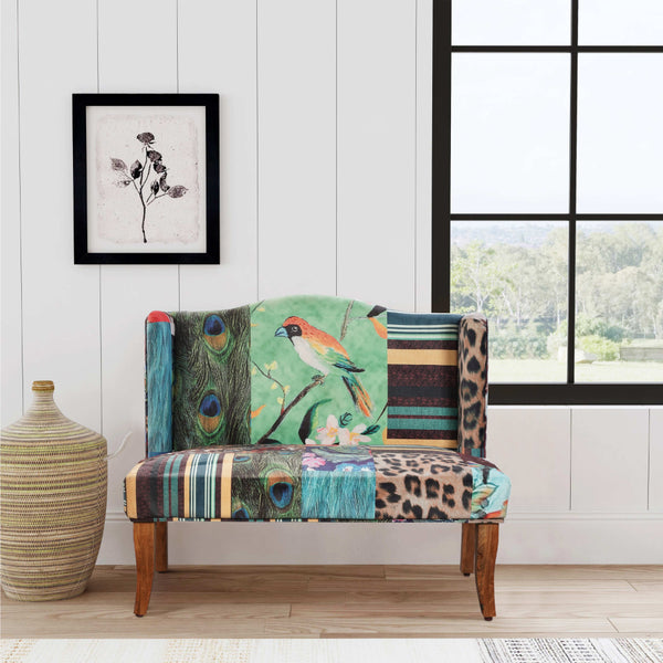 45 Inch Settee Loveseat Bench, Handcrafted Wingback Design, Bird Collage Print Velvet Fabric, Multicolor - BM154764