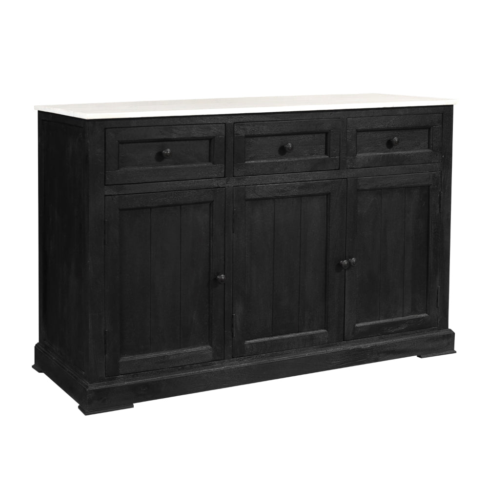 58 Inch Mango Wood Sideboard Buffet Console Cabinet with White Marble Top, 3 Drawers, Sandblasted Black - BM163021