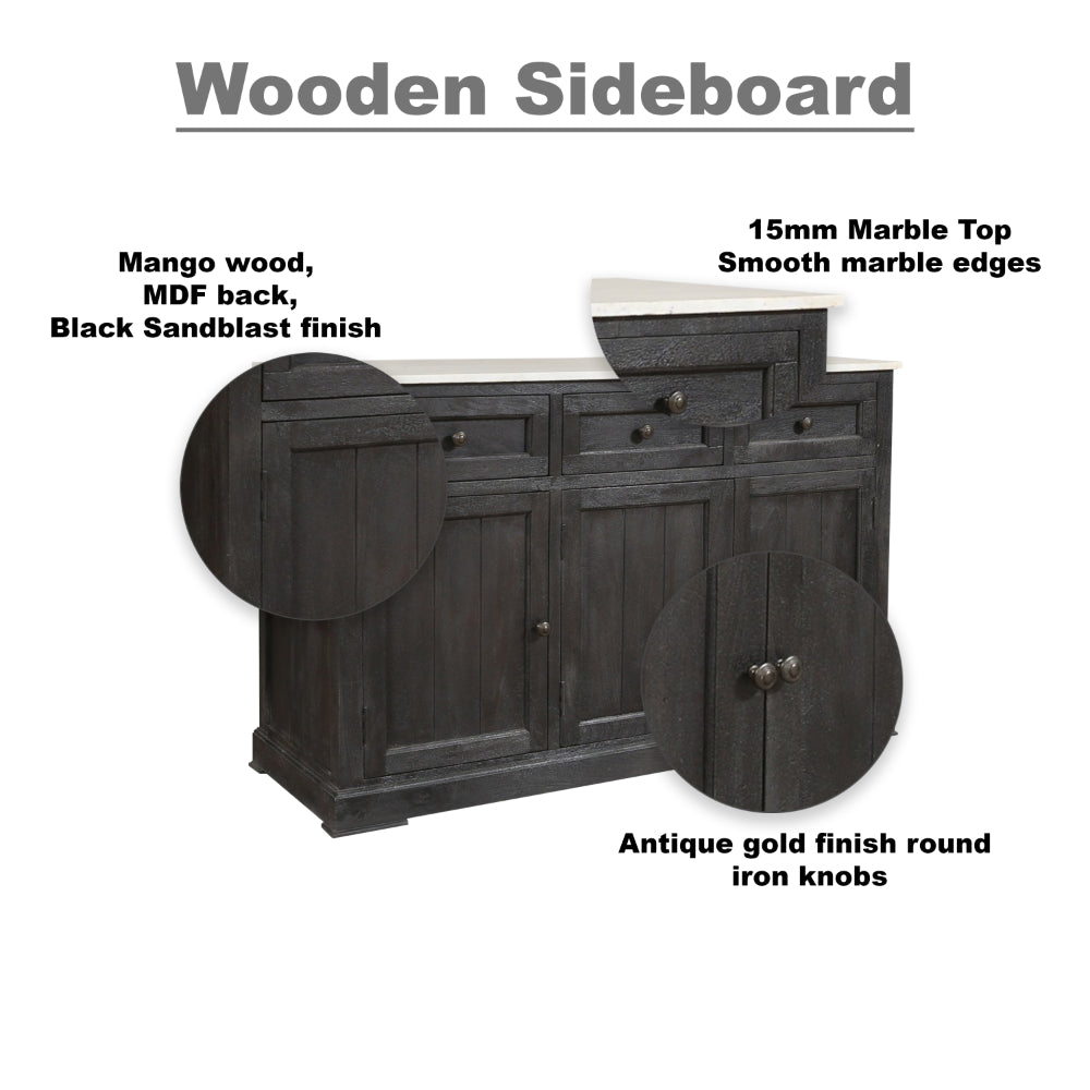 58 Inch Mango Wood Sideboard Buffet Console Cabinet with White Marble Top, 3 Drawers, Sandblasted Black - BM163021