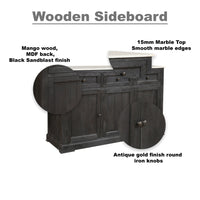 58 Inch Mango Wood Sideboard Buffet Console Cabinet with White Marble Top, 3 Drawers, Sandblasted Black - BM163021