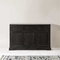 58 Inch Mango Wood Sideboard Buffet Console Cabinet with White Marble Top, 3 Drawers, Sandblasted Black - BM163021