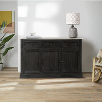 58 Inch Mango Wood Sideboard Buffet Console Cabinet with White Marble Top, 3 Drawers, Sandblasted Black - BM163021