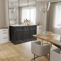 58 Inch Mango Wood Sideboard Buffet Console Cabinet with White Marble Top, 3 Drawers, Sandblasted Black - BM163021