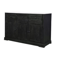 58 Inch Mango Wood Sideboard Buffet Console Cabinet with White Marble Top, 3 Drawers, Sandblasted Black - BM163021