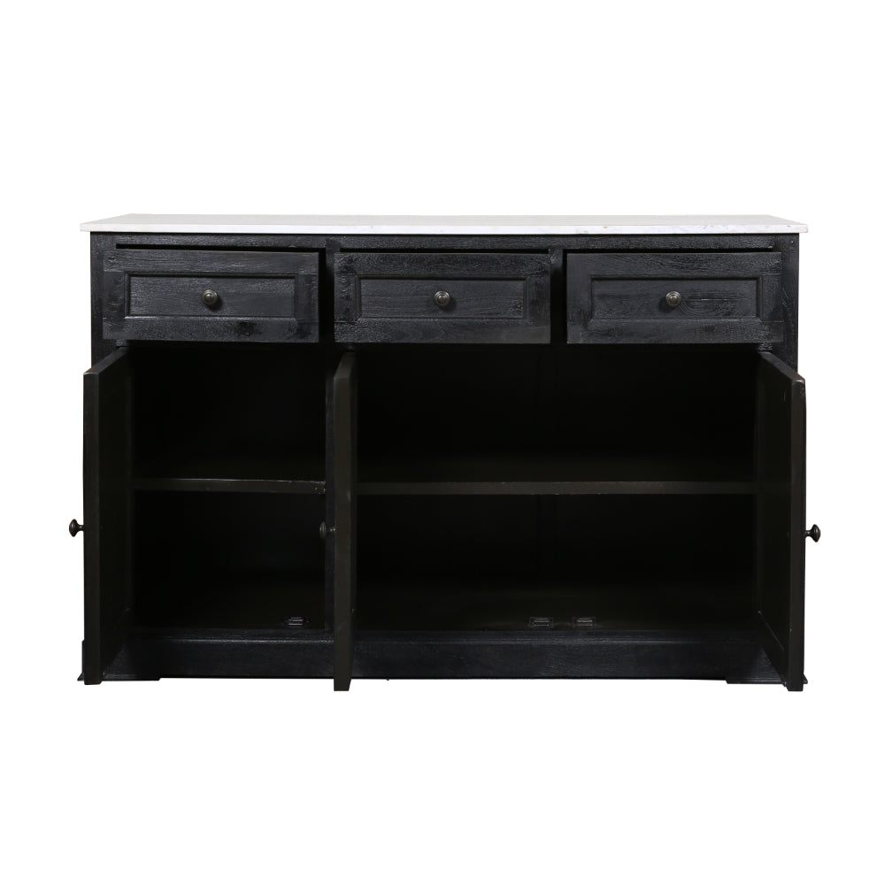 58 Inch Mango Wood Sideboard Buffet Console Cabinet with White Marble Top, 3 Drawers, Sandblasted Black - BM163021