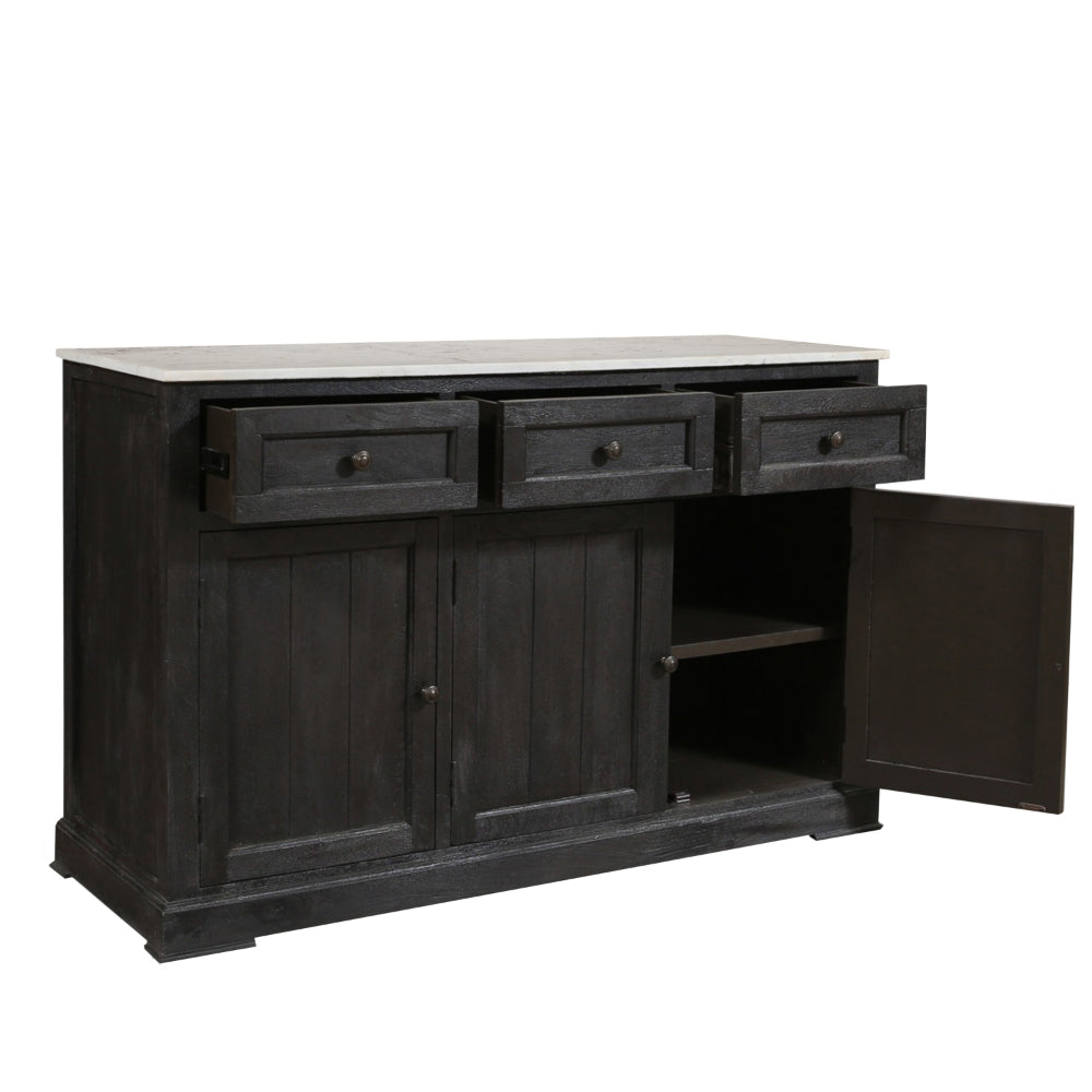 58 Inch Mango Wood Sideboard Buffet Console Cabinet with White Marble Top, 3 Drawers, Sandblasted Black - BM163021