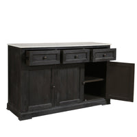 58 Inch Mango Wood Sideboard Buffet Console Cabinet with White Marble Top, 3 Drawers, Sandblasted Black - BM163021