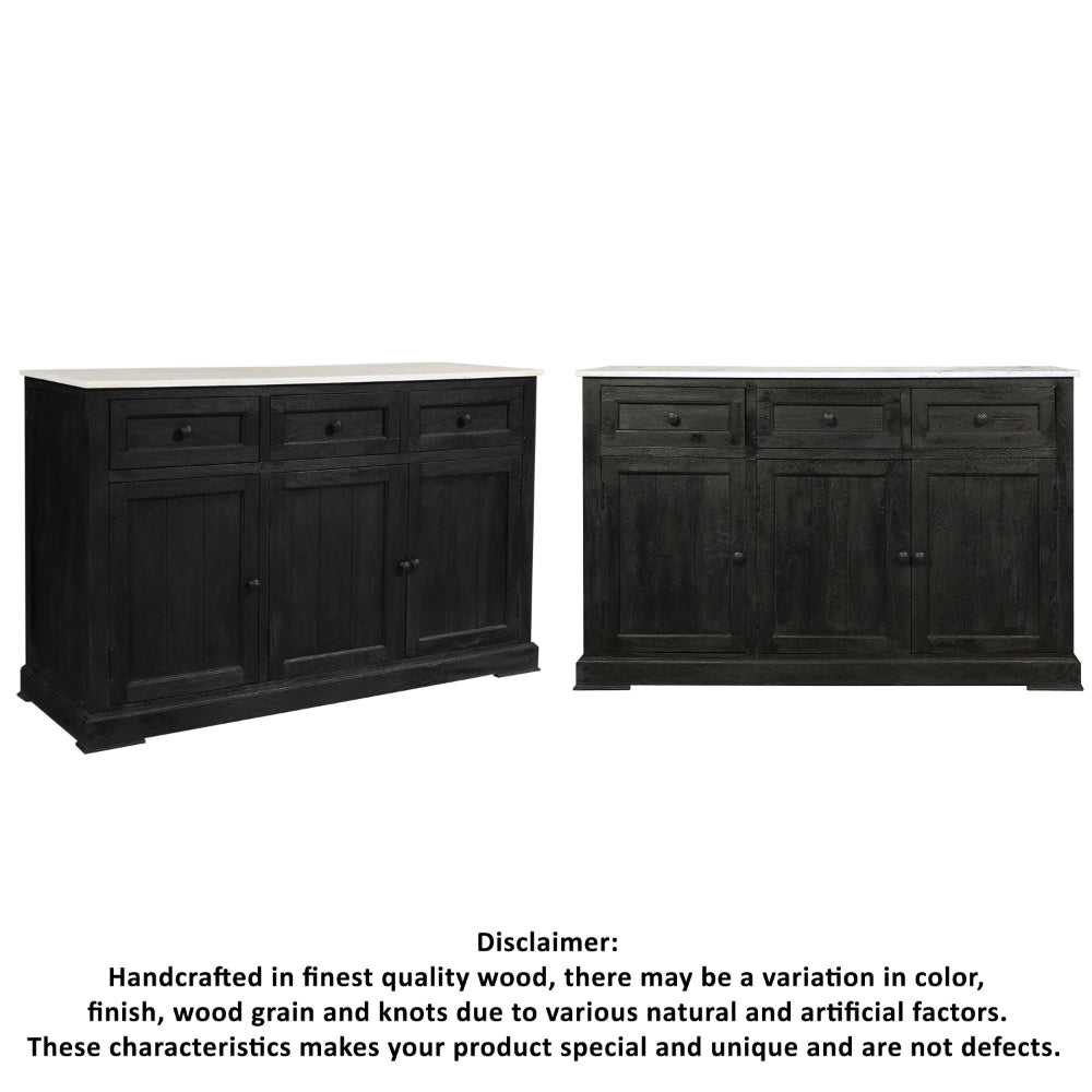58 Inch Mango Wood Sideboard Buffet Console Cabinet with White Marble Top, 3 Drawers, Sandblasted Black - BM163021