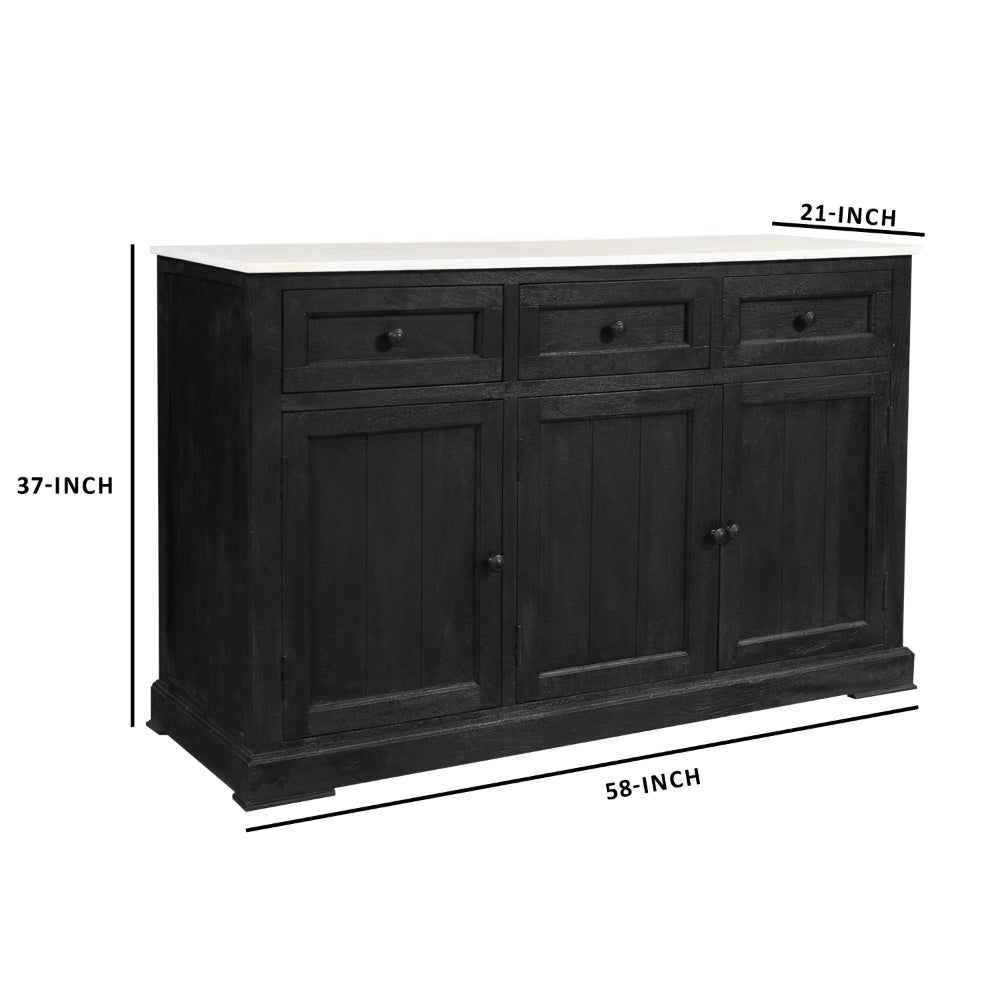 58 Inch Mango Wood Sideboard Buffet Console Cabinet with White Marble Top, 3 Drawers, Sandblasted Black - BM163021