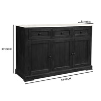 58 Inch Mango Wood Sideboard Buffet Console Cabinet with White Marble Top, 3 Drawers, Sandblasted Black - BM163021