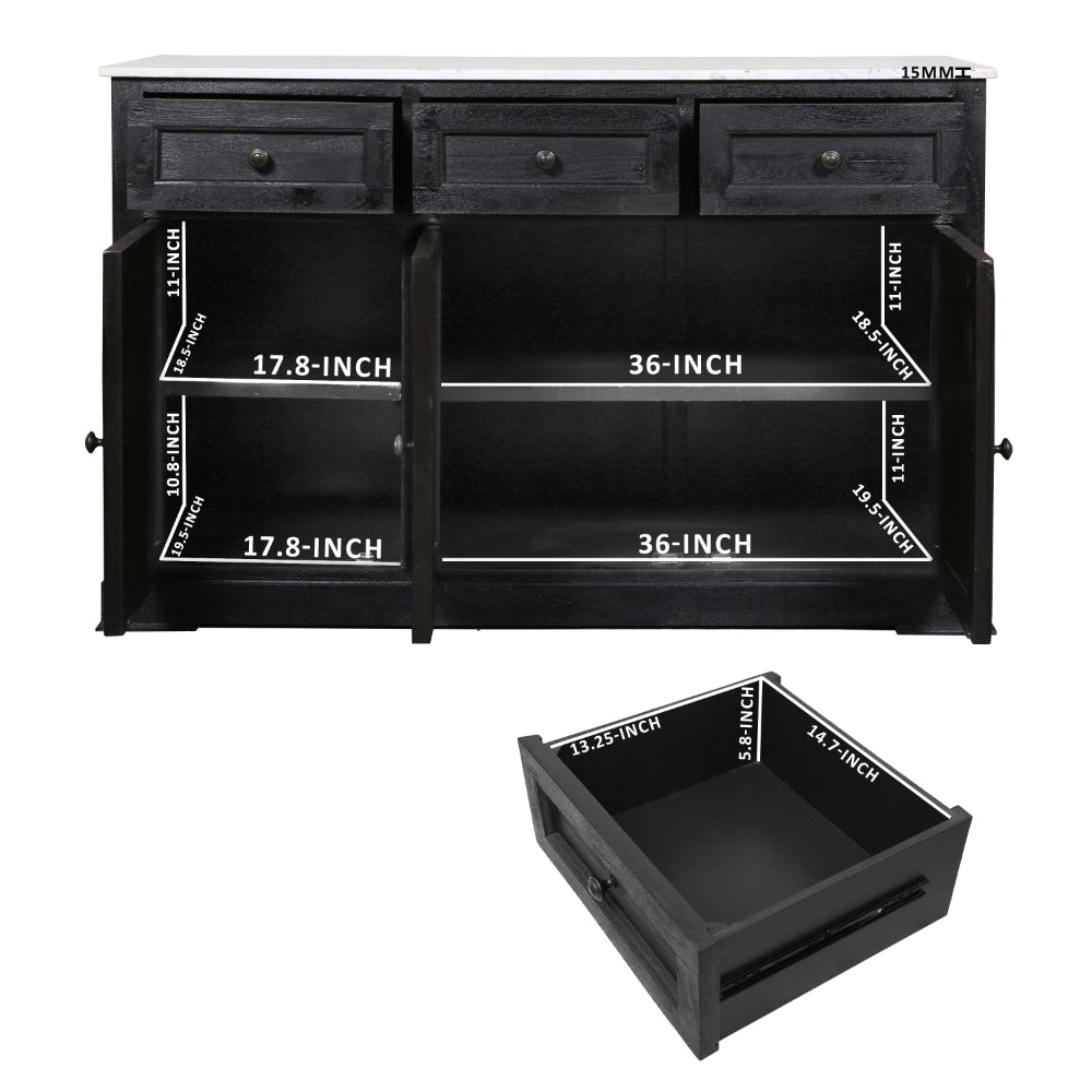58 Inch Mango Wood Sideboard Buffet Console Cabinet with White Marble Top, 3 Drawers, Sandblasted Black - BM163021