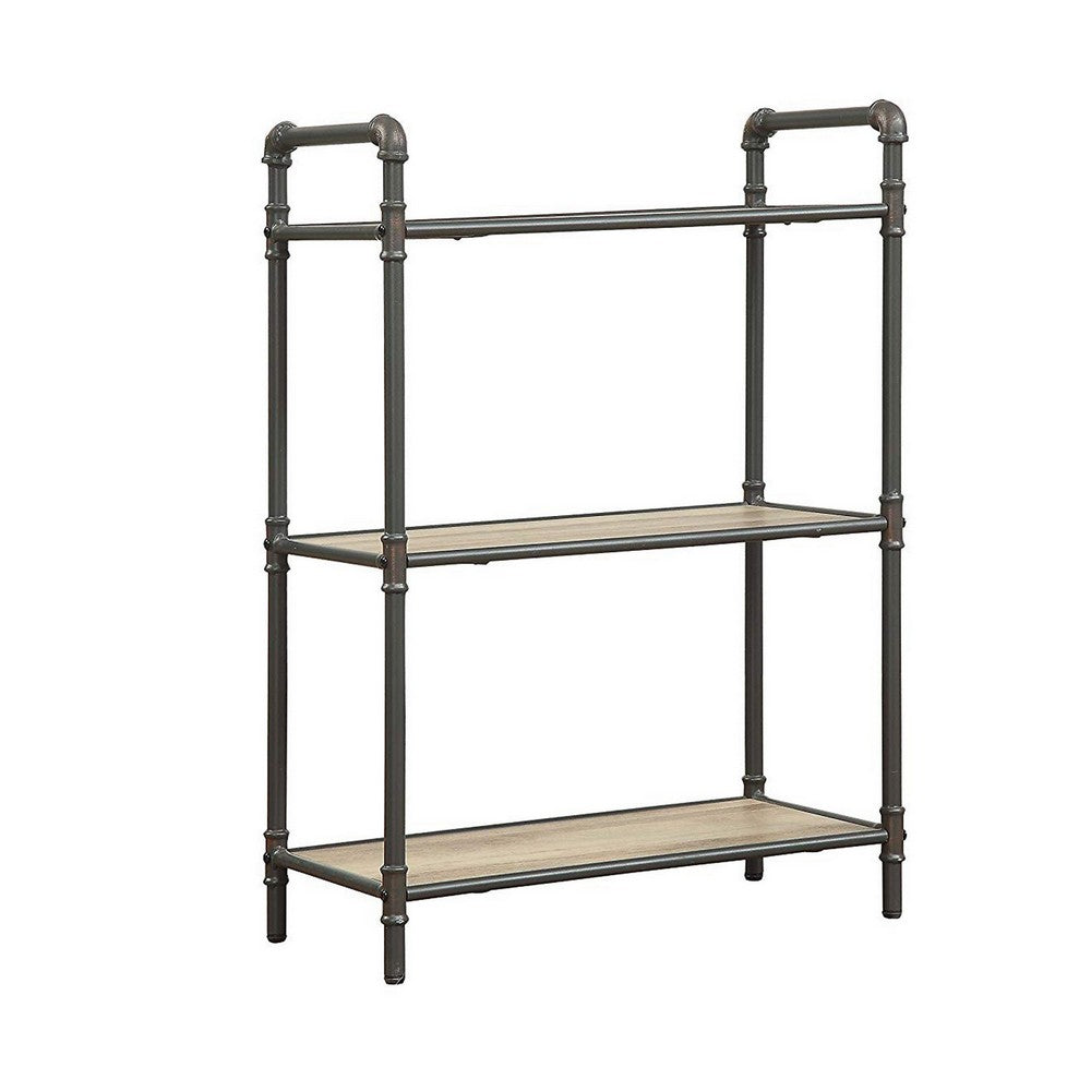 Three Tier Metal Bookshelf With Wooden Shelves, Oak Brown & Gray - BM184752