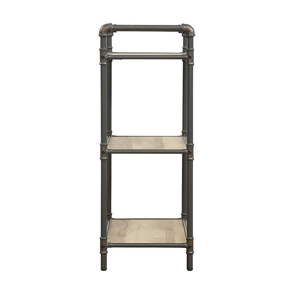 Three Tier Metal Bookshelf With Wooden Shelves, Oak Brown & Gray - BM184752