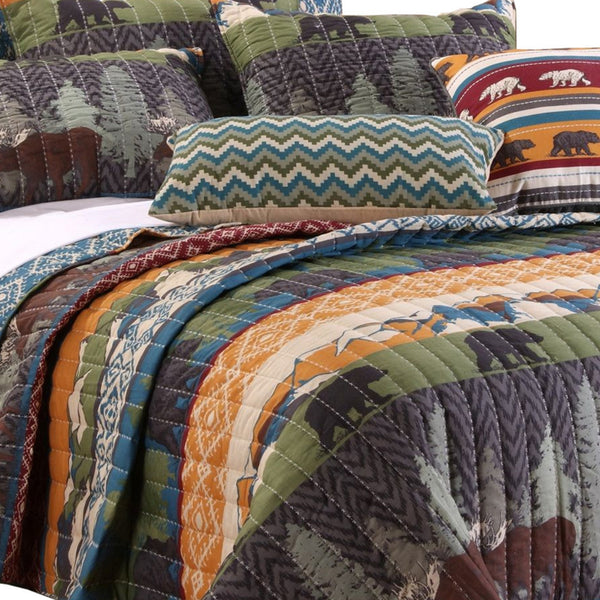 5 Piece King Size Quilt Set with Nature Inspired Print, Multicolor - BM117684