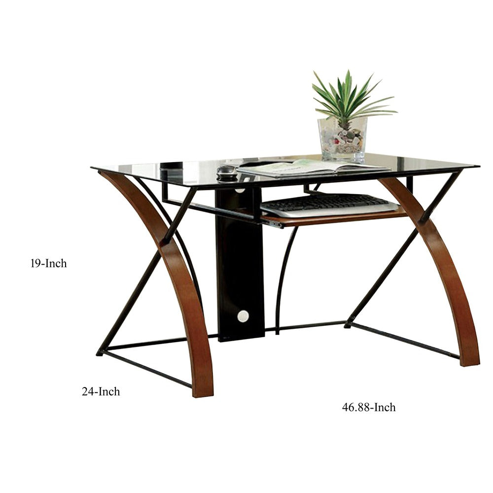 Glass Top Computer Desk with Z Shaped Metal Legs, Brown and Black - BM123639