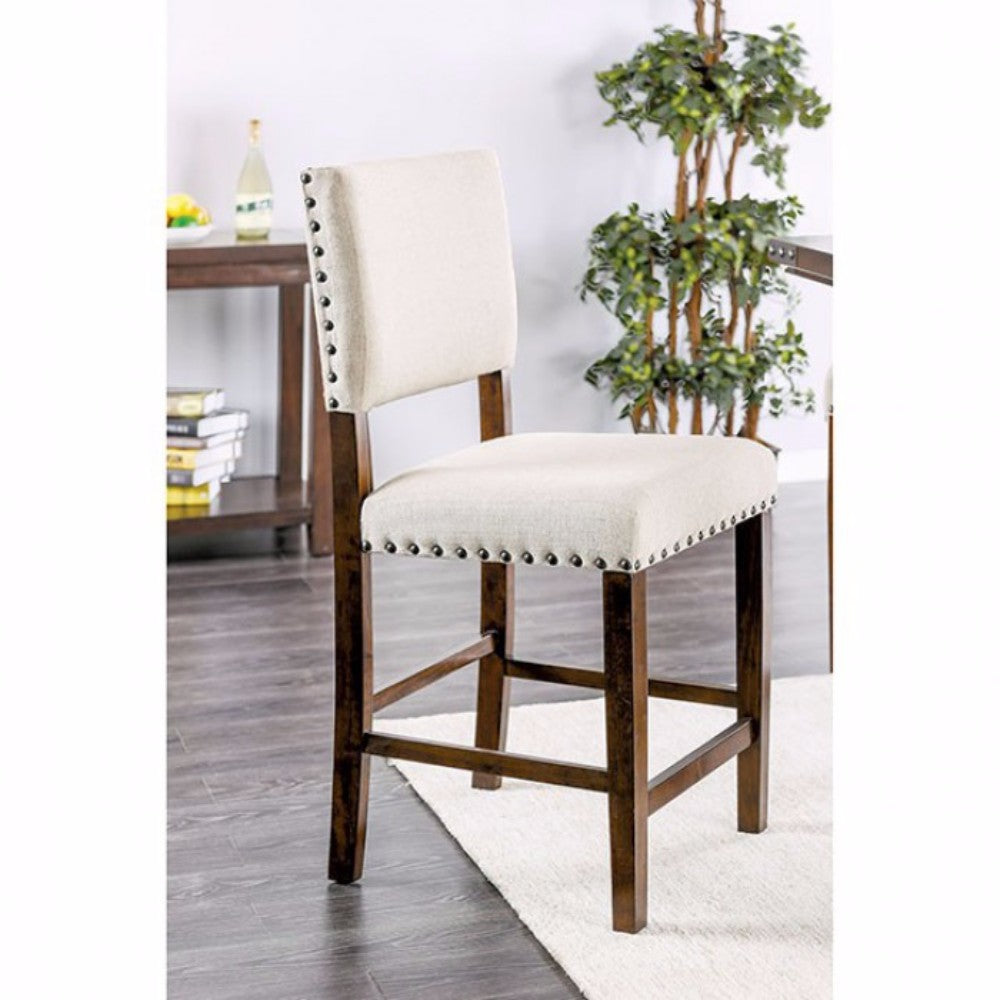 25 Inch Set of 2 Handcrafted Counter Height Chairs, Cherry Brown Solid Wood Frame, Beige Linen Fabric Seat - BM131110