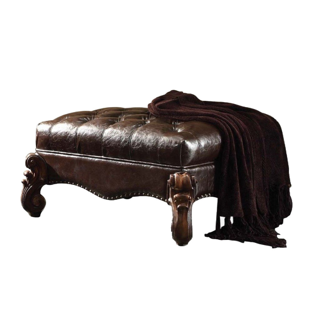 Leatherette Ottoman with Button Tufting and Nailhead Trim Details, Brown - BM163610