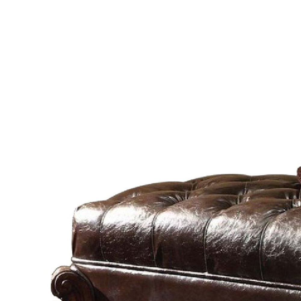 Leatherette Ottoman with Button Tufting and Nailhead Trim Details, Brown - BM163610