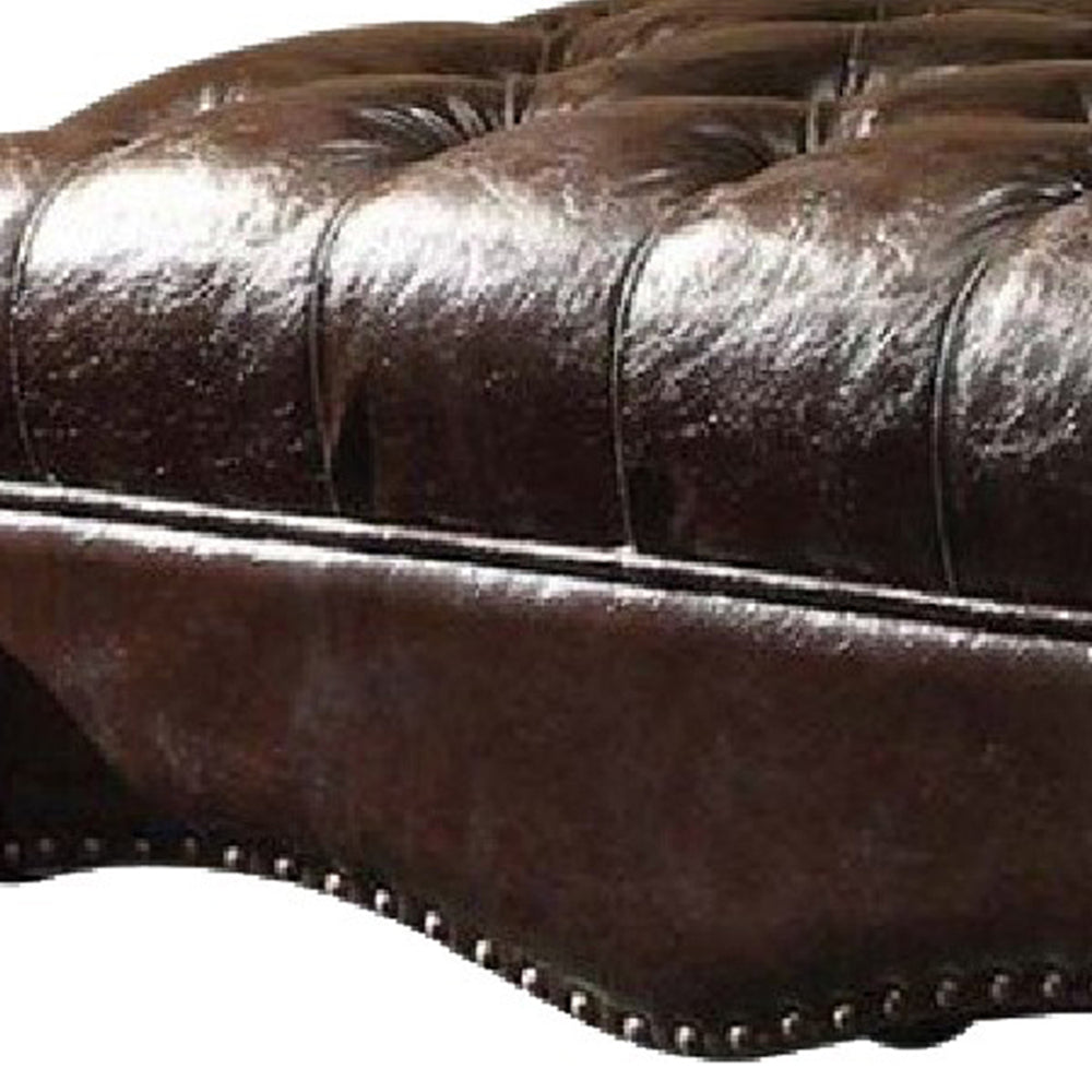 Leatherette Ottoman with Button Tufting and Nailhead Trim Details, Brown - BM163610