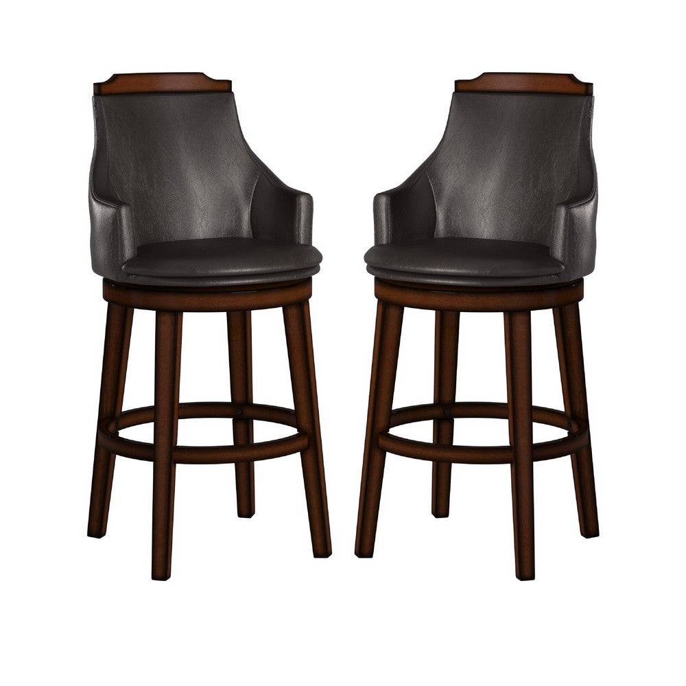 Wood & Leather Bar Height Chair With Swivel Mechanism, Oak Brown & Black, Set Of 2 - BM176301