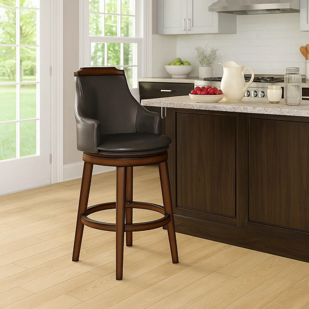 Wood & Leather Bar Height Chair With Swivel Mechanism, Oak Brown & Black, Set Of 2 - BM176301