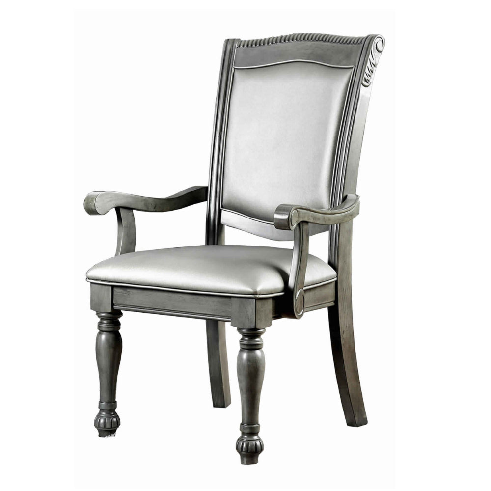 Traditional Style Wooden Arm Chair With Leatherette Cushions In Gray, Set Of 2