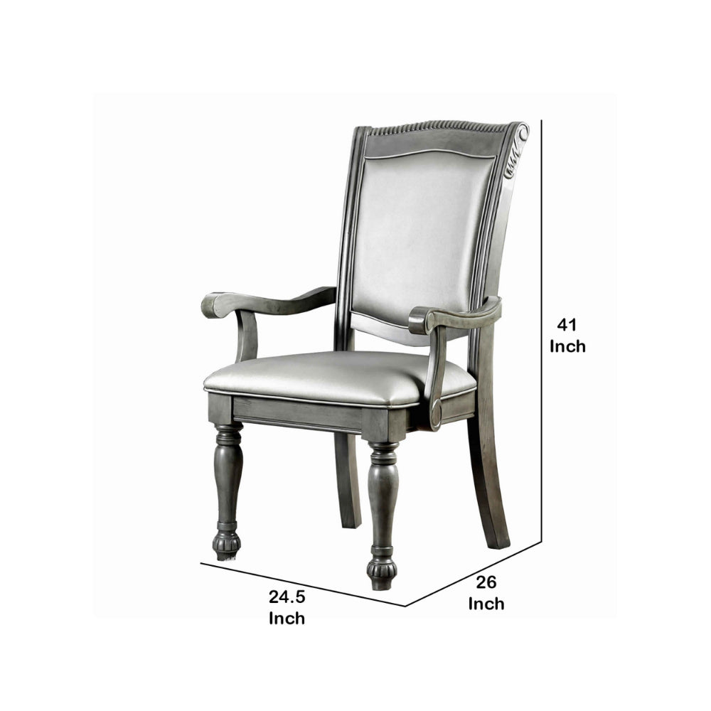 Traditional Style Wooden Arm Chair With Leatherette Cushions In Gray, Set Of 2