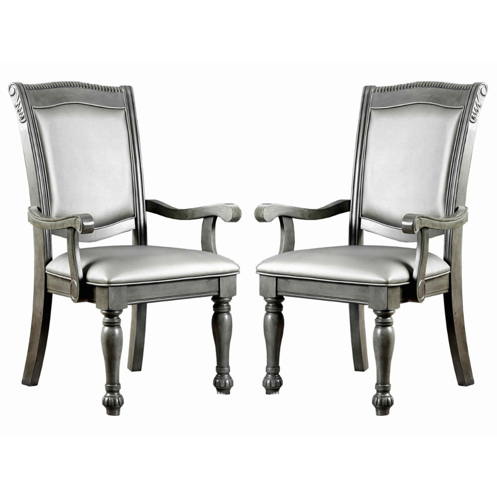 Traditional Style Wooden Arm Chair With Leatherette Cushions In Gray, Set Of 2
