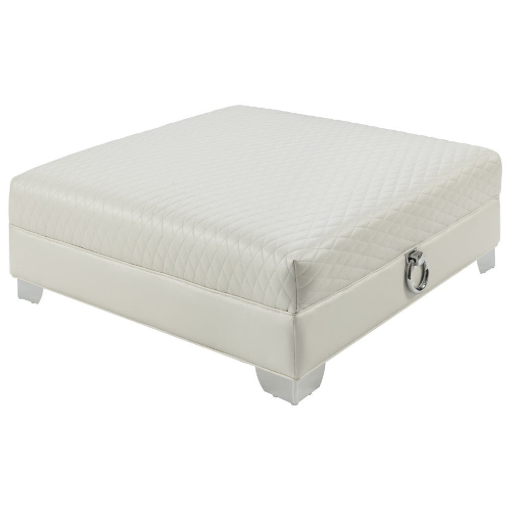 Contemporary Faux Leather & Metal Ottoman With Doorknocker Handles, Silver - BM183016