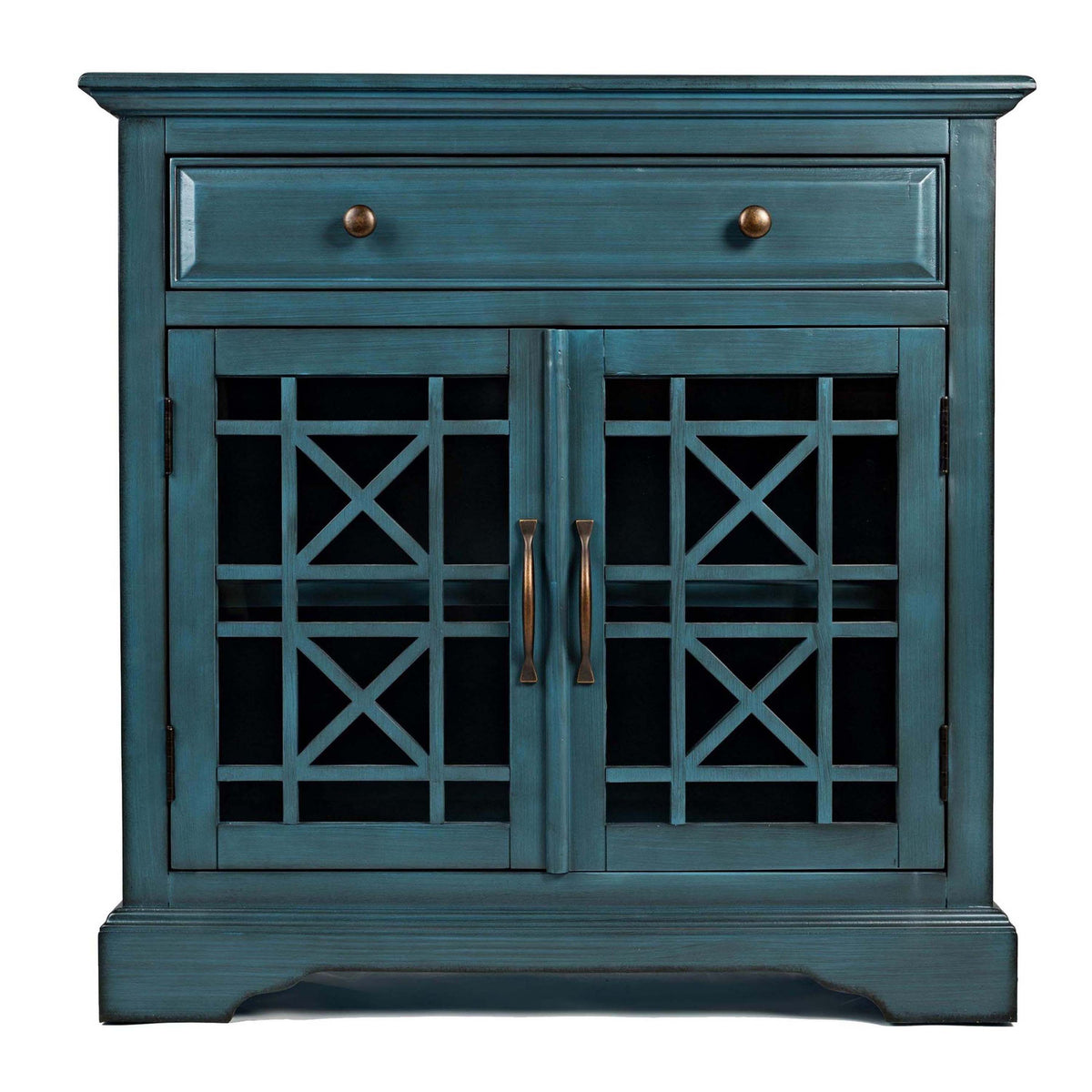 Koi Series 32 Inch Wooden Accent Cabinet with Fretwork Glass Front, Blue - BM183988
