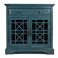 Koi Series 32 Inch Wooden Accent Cabinet with Fretwork Glass Front, Blue - BM183988