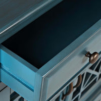 Koi Series 32 Inch Wooden Accent Cabinet with Fretwork Glass Front, Blue - BM183988