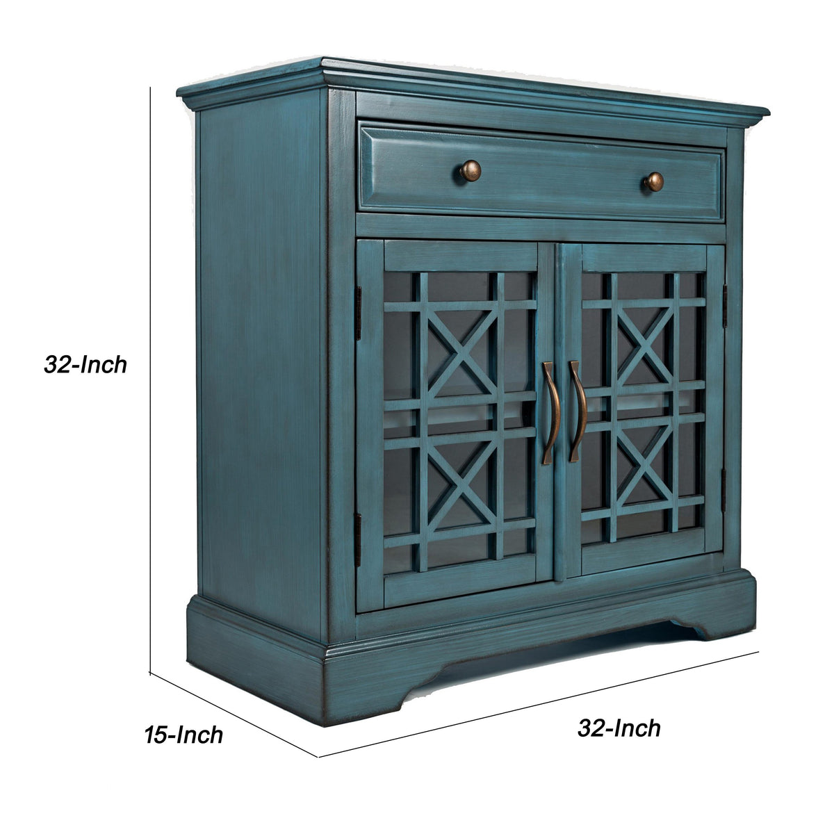 Koi Series 32 Inch Wooden Accent Cabinet with Fretwork Glass Front, Blue - BM183988