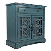 Craftsman Series 32 Inch Wooden Accent Cabinet with Fretwork Glass Front, Blue - BM183988