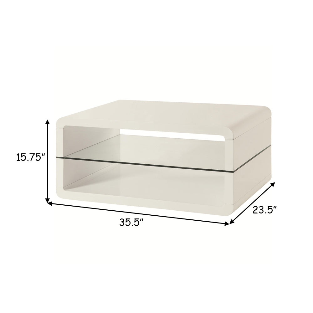 Modern Coffee Table With Rounded Corners & Clear Tempered Glass Shelf, White