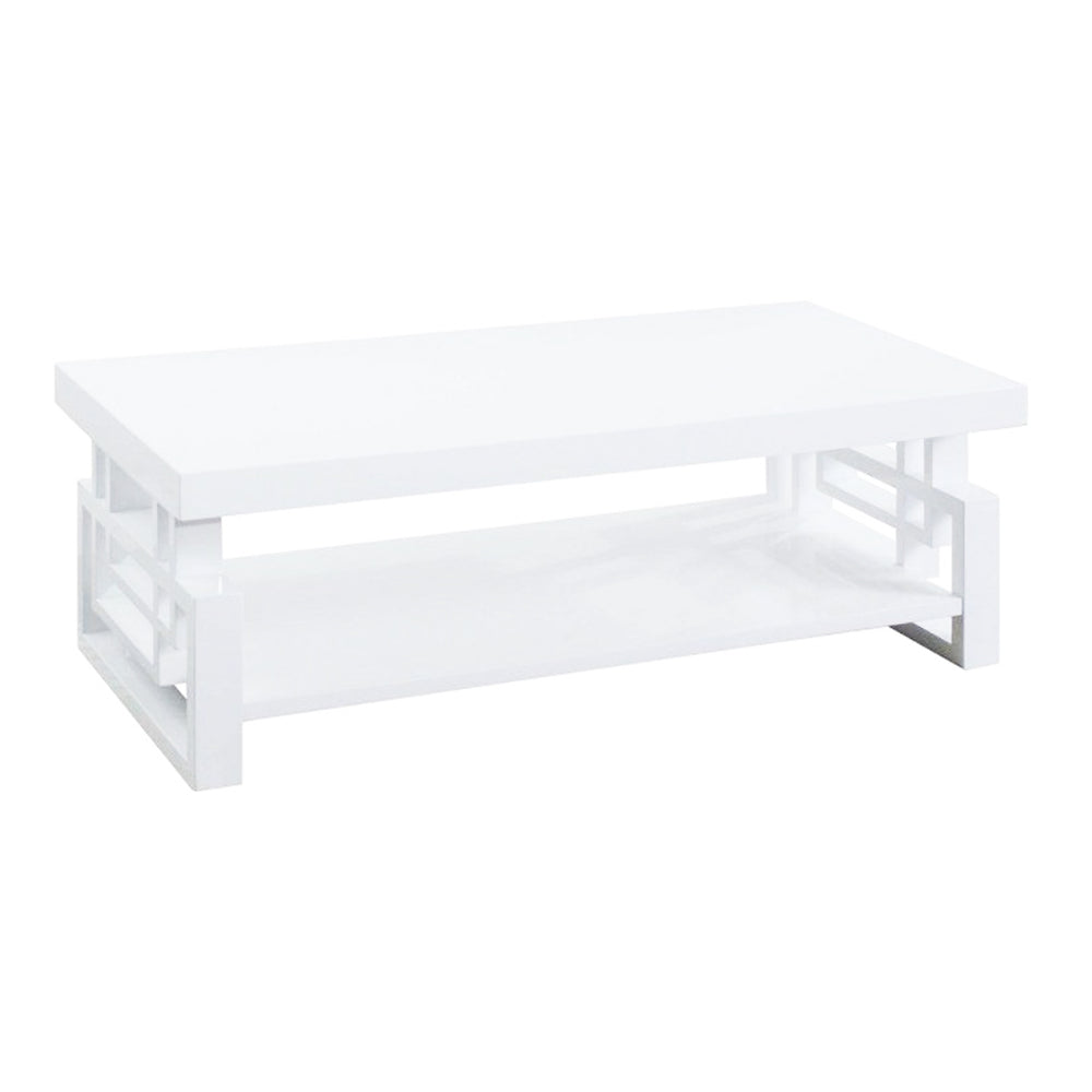 Contemporary Wooden Coffee End Table With Designer Sides & Shelf, Glossy White