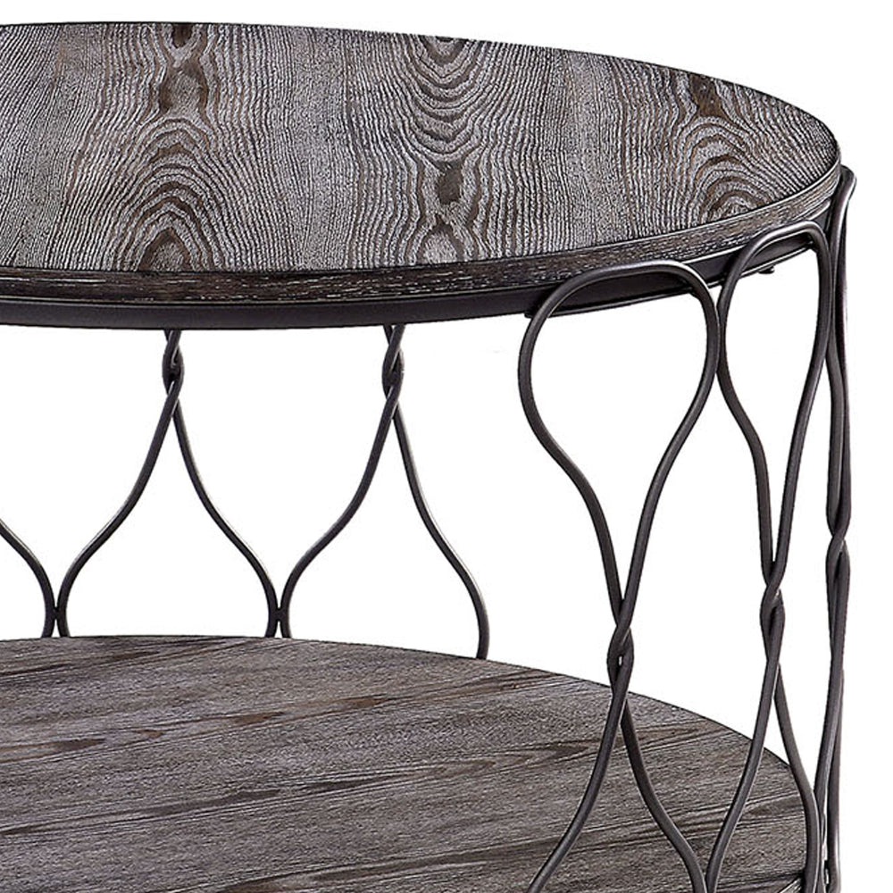 BM188342  - Industrial Style Round Metal and Solid Wood Coffee Table with Open Bottom Shelf, Gray and Brown