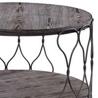 BM188342  - Industrial Style Round Metal and Solid Wood Coffee Table with Open Bottom Shelf, Gray and Brown