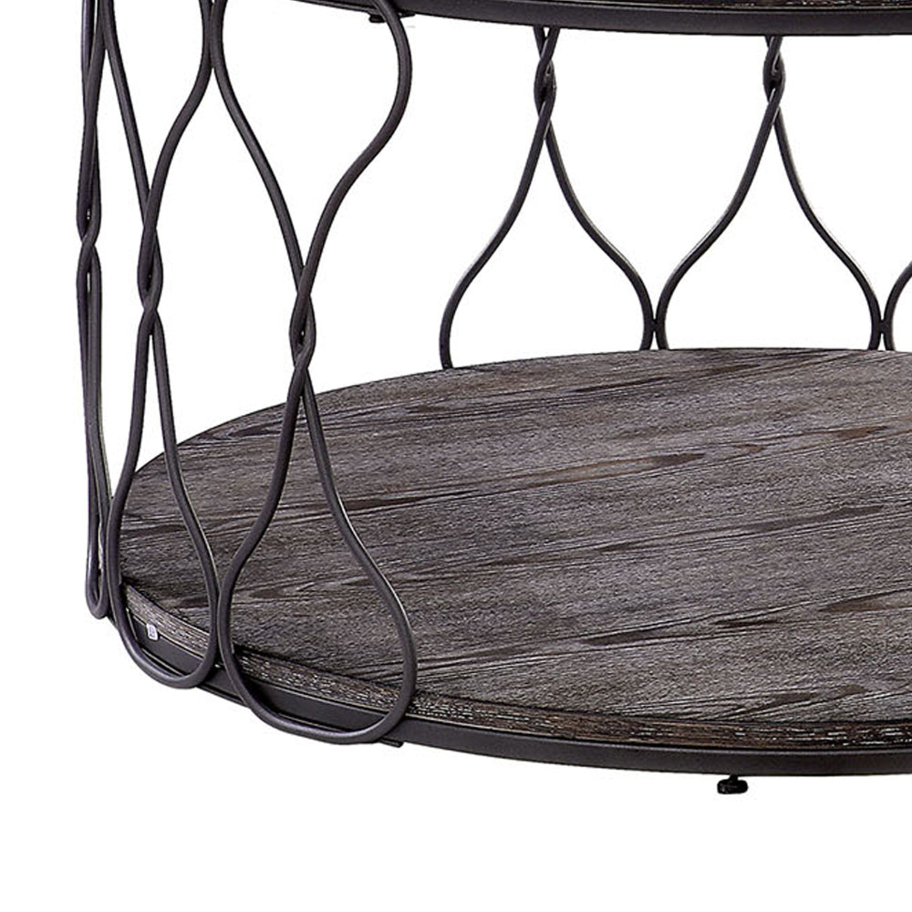 BM188342  - Industrial Style Round Metal and Solid Wood Coffee Table with Open Bottom Shelf, Gray and Brown