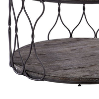 BM188342  - Industrial Style Round Metal and Solid Wood Coffee Table with Open Bottom Shelf, Gray and Brown