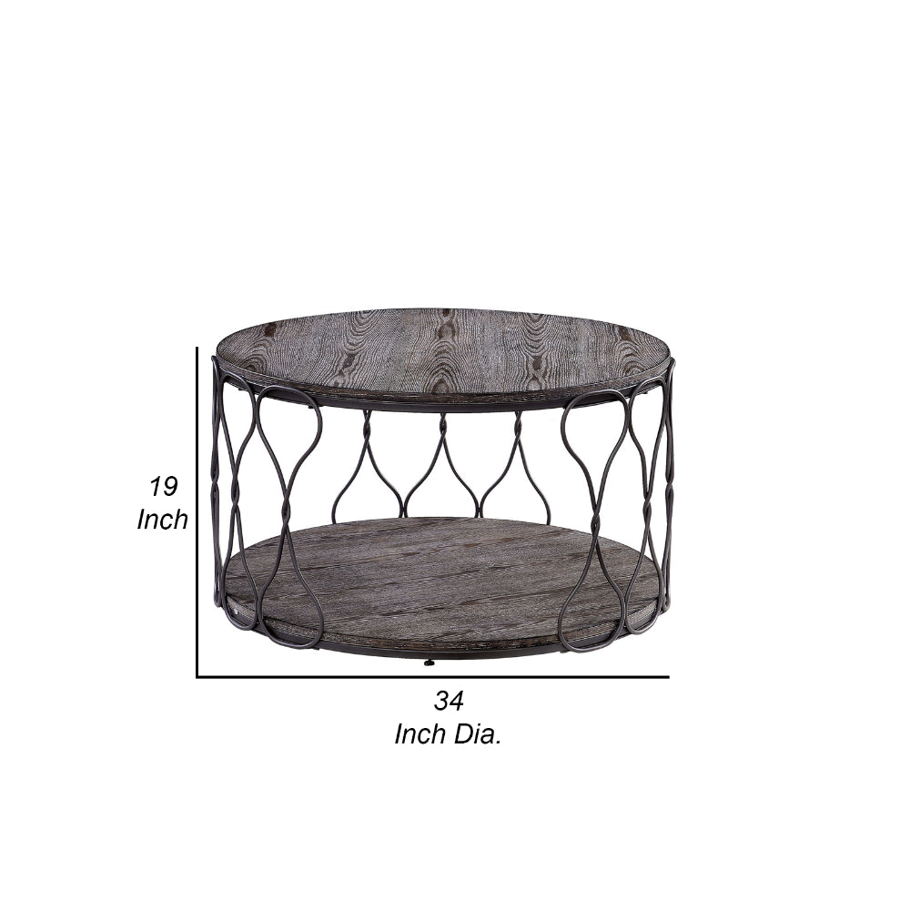 BM188342  - Industrial Style Round Metal and Solid Wood Coffee Table with Open Bottom Shelf, Gray and Brown
