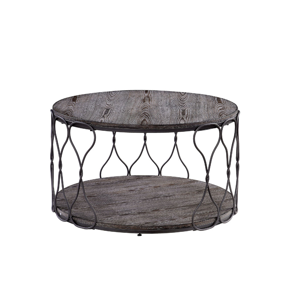 BM188342  - Industrial Style Round Metal and Solid Wood Coffee Table with Open Bottom Shelf, Gray and Brown