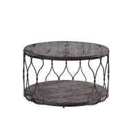 BM188342  - Industrial Style Round Metal and Solid Wood Coffee Table with Open Bottom Shelf, Gray and Brown