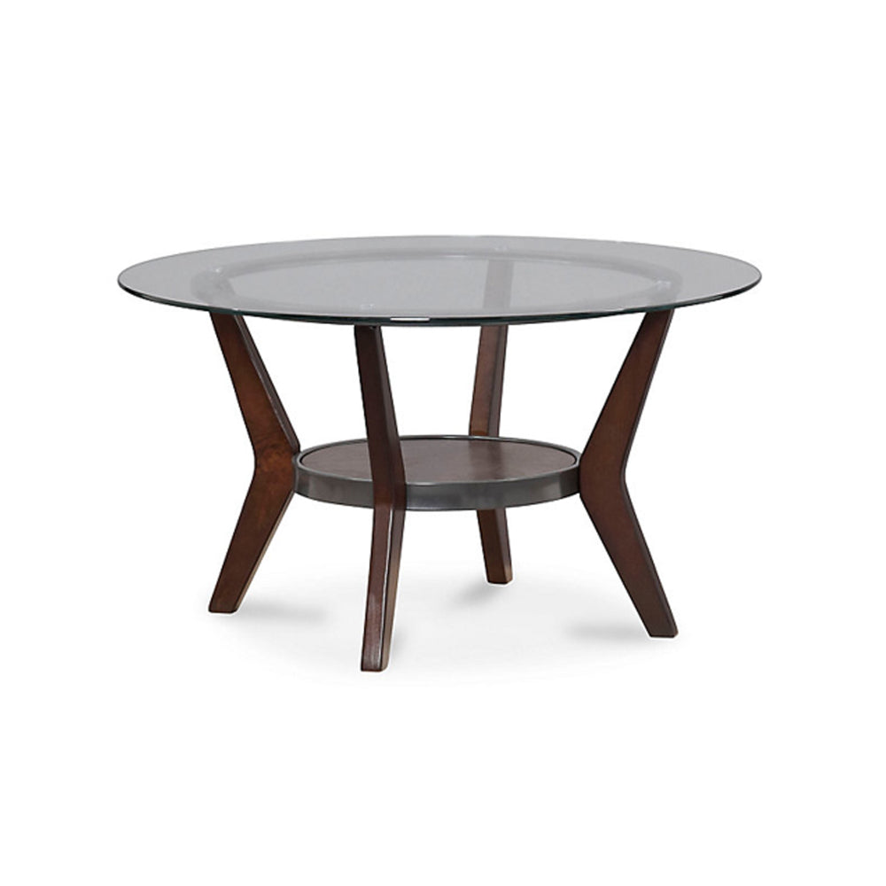 BM190111 - Round Wooden Table Set with Glass Top and Lower Shelf, Set of Three, Brown and Clear