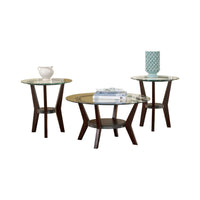 BM190111 - Round Wooden Table Set with Glass Top and Lower Shelf, Set of Three, Brown and Clear