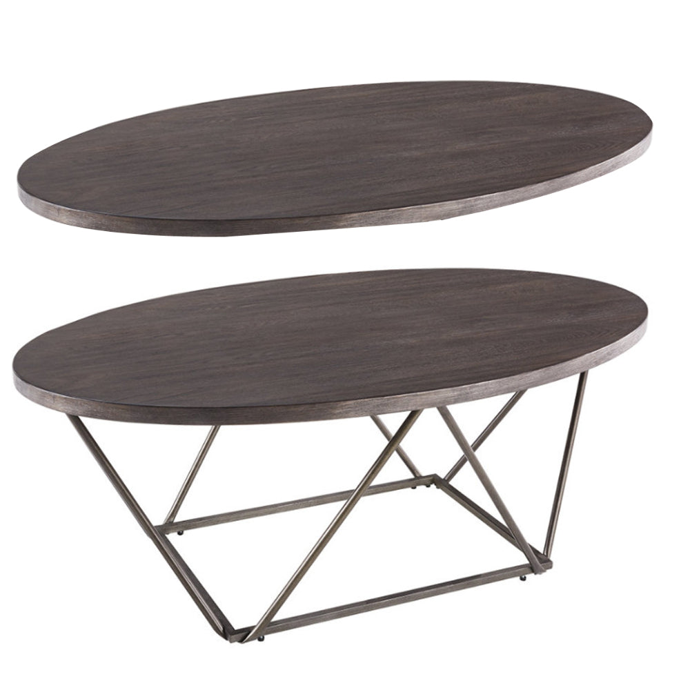 BM190131 - Elm Wood Table Set with Bridge Truss Metal Base, Set of Three, Brown and Gray