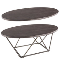 BM190131 - Elm Wood Table Set with Bridge Truss Metal Base, Set of Three, Brown and Gray