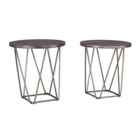 BM190131 - Elm Wood Table Set with Bridge Truss Metal Base, Set of Three, Brown and Gray