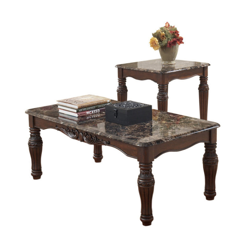 BM190135 - Traditional Style Wooden Table Set with Turned Legs and Faux Marble Top, Set of Three, Dark Brown