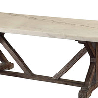 BM191236 - Marble Rectangle Shaped Coffee Table with Wooden Trestle Base, White and Espresso Brown